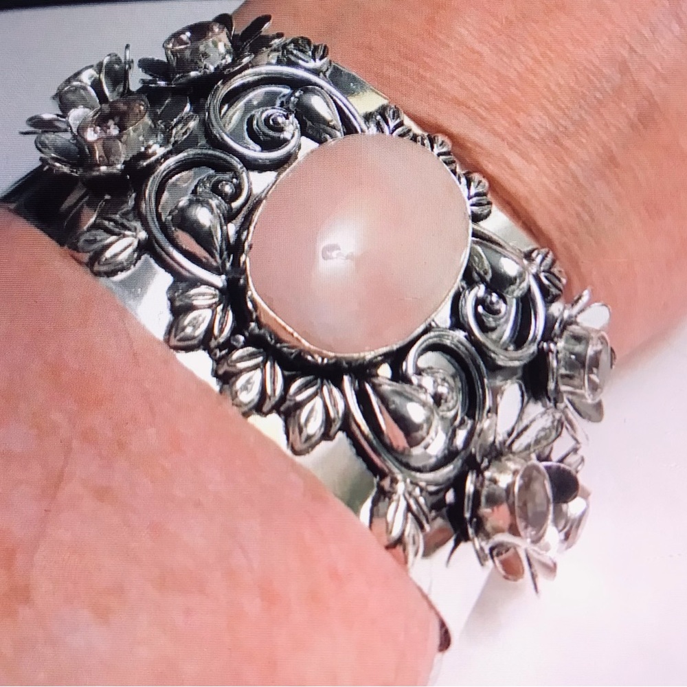 Pink Topaz Rose Quartz Stamped 925 Sterling Silver Cuff Bracelet